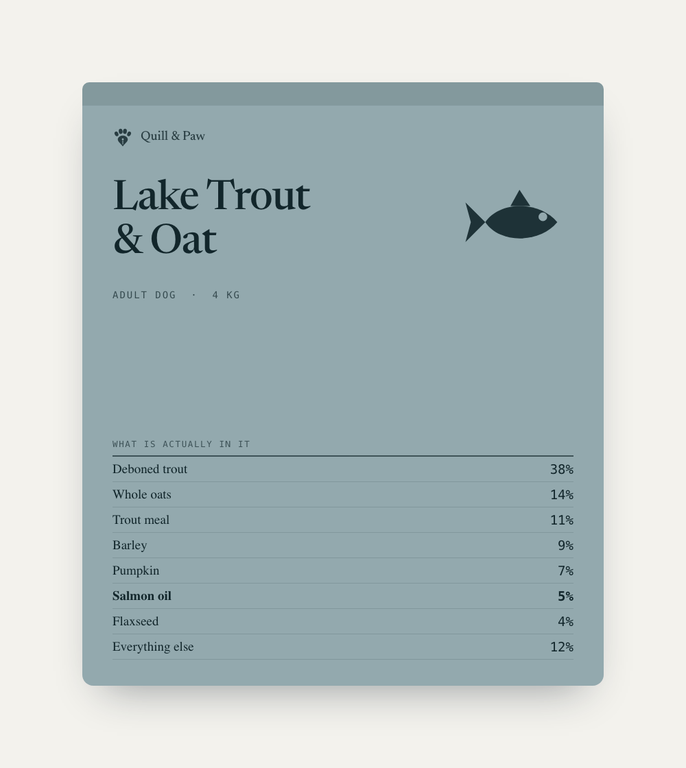 Lake Trout & Oat, adult dog food, 4 kg. The front of the pack lists every ingredient with its percentage.
